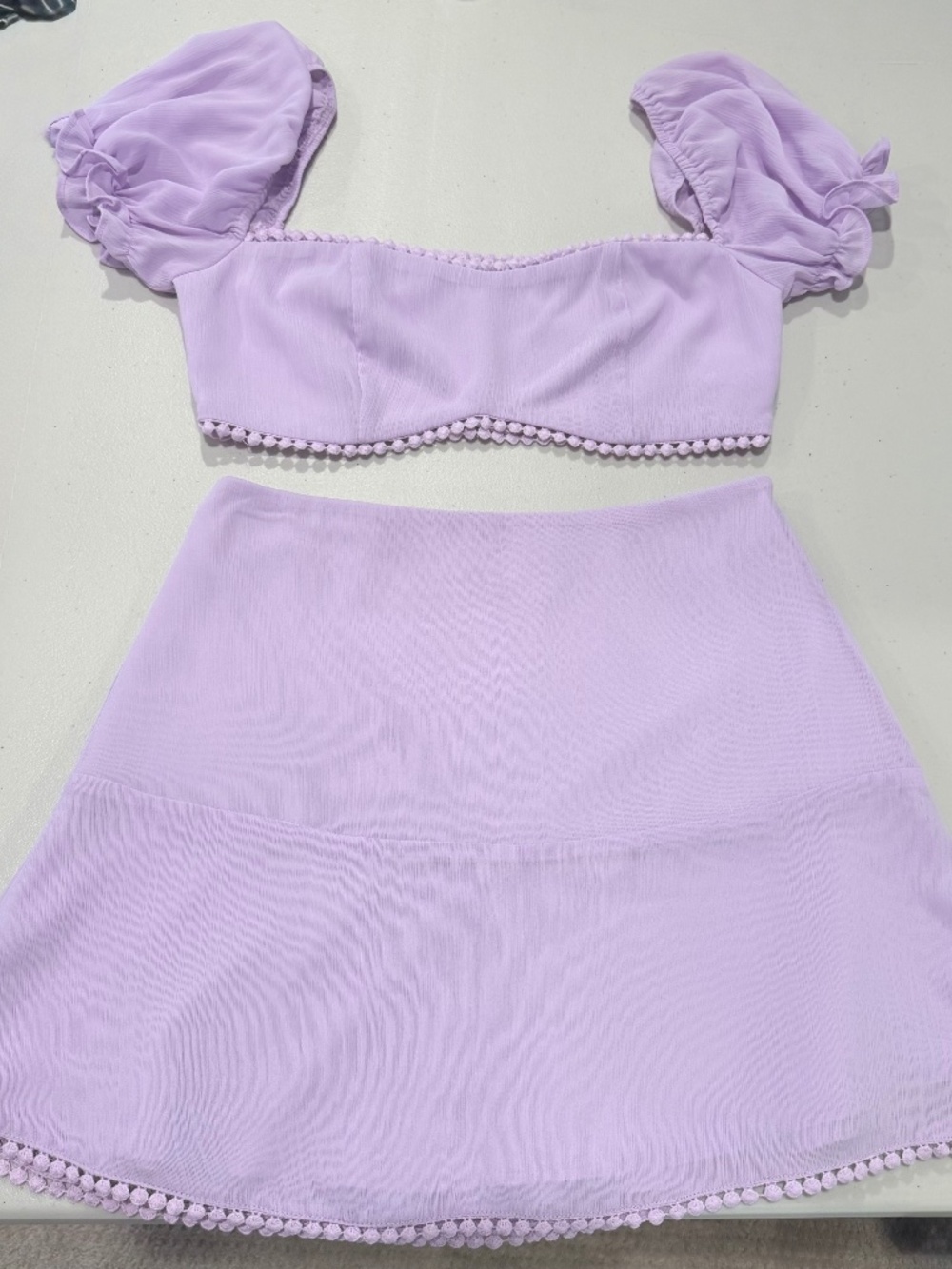More To Come Lavender Two-Piece Crop Top & Mini Skirt Set – Size Small